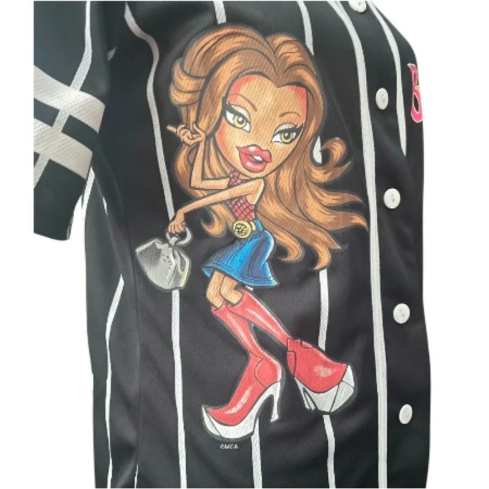 Bratz Baseball Jersey Graphic Shirt Black White Pinstripe Y2K Style